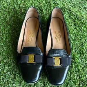Salvatore Ferragamo Black Leather Loafers with Gold Accent